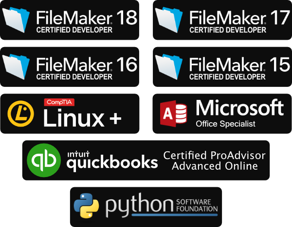 FileMaker Certified Developer, Microsoft Office Specialist, Comptia Linux Plus, and QuickBooks Onlince Certified ProAdvisor Advanced logos